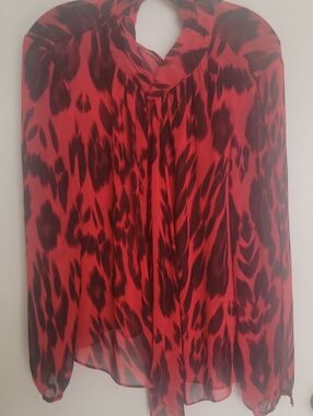 Jennifer Lopez Red and Black Sheer Animal Print Blouse